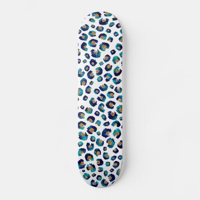 Elegant Blue Gold Glitter Leopard Animal Print Skateboard (Front)