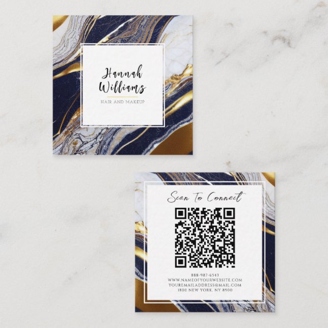 Elegant Blue Gold Glitter QR Code Abstract Marble Square Business Card (Front/Back)