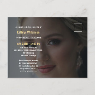 Elegant Blue Gold Glitter Script Photo Graduation Announcement Postcard