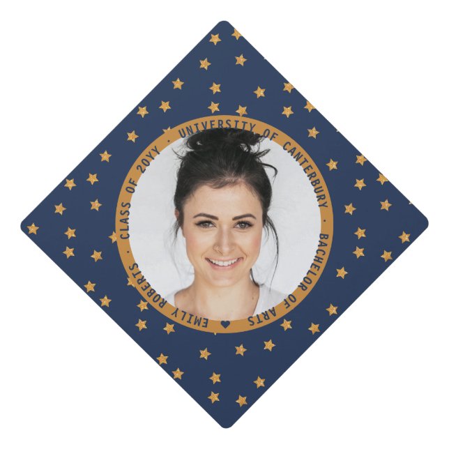 Elegant Blue Gold Glitter Star Modern Photo Graduation Cap Topper (Front)