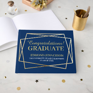 Elegant Blue Gold Graduation Class of 2025 Guest Book