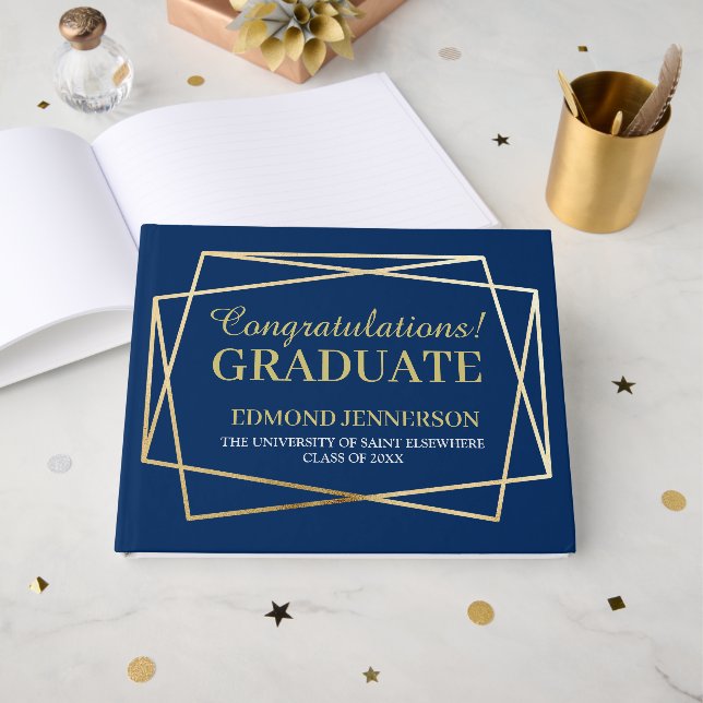 Elegant Blue Gold Graduation Class of 2025 Guest Book (Front Open)