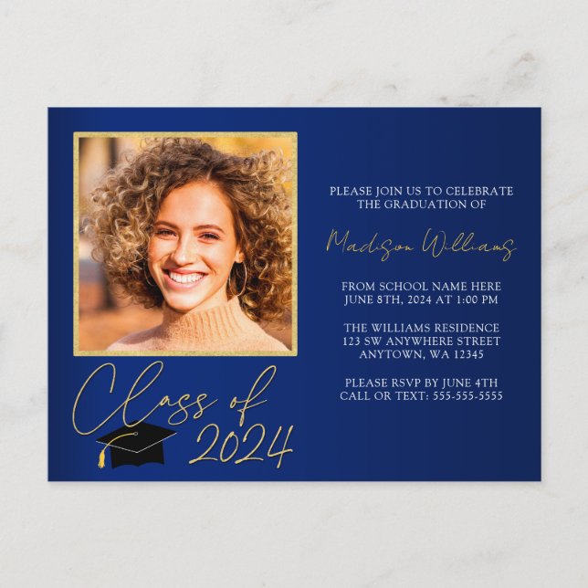 Elégant Blue Gold Graduation Party Invitation (Devant)