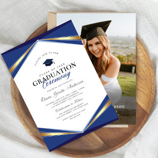 Elegant Blue & Gold Graduation Photo Invitation