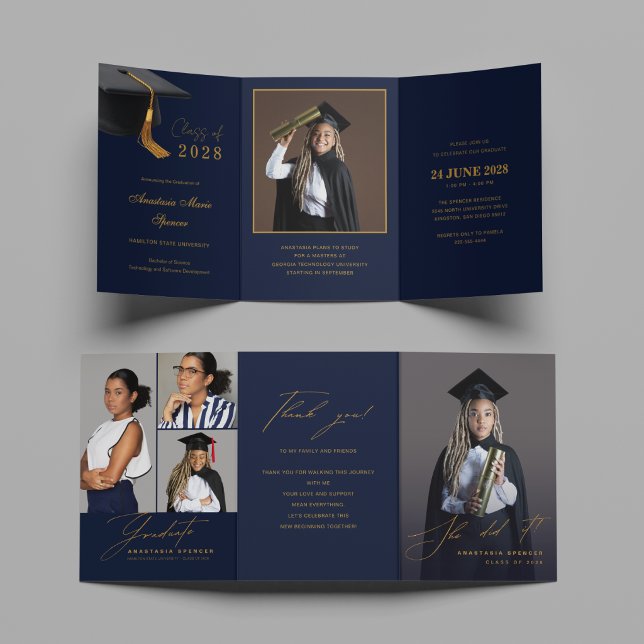 Elegant Blue Gold Graduation Tri-Fold Invitation (Creator Uploaded)