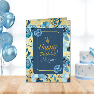 Elegant Blue & Gold Happy Birthday Floral Folded Card
