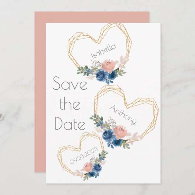 Elegant Blue Gold Heart Floral Names Wedding Save Save The Date (Front/Back)