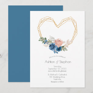 Elegant Blue Gold Heart Floral Wedding Invitation