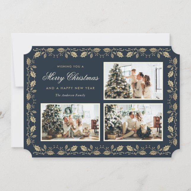 Elegant Blue Gold Holly Family 3 Photo Christmas Holiday Card (Front)