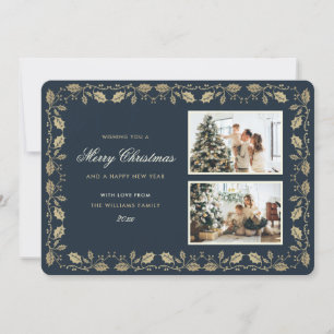 Elegant Blue Gold Holly Photo Holiday Card