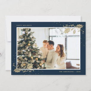 Elegant Blue Gold Holly Snowflake Photo Holiday Card