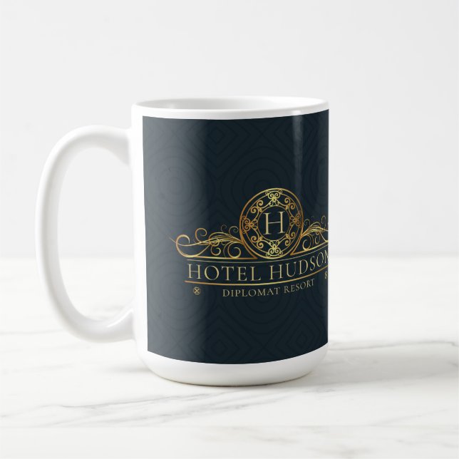 Elegant Blue Gold Hotel Branding Coffee Mug (Left)