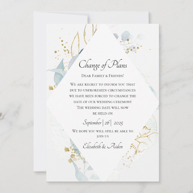 Elegant Blue Gold( Imitat) Watercolour Wedding Invitation (Front)