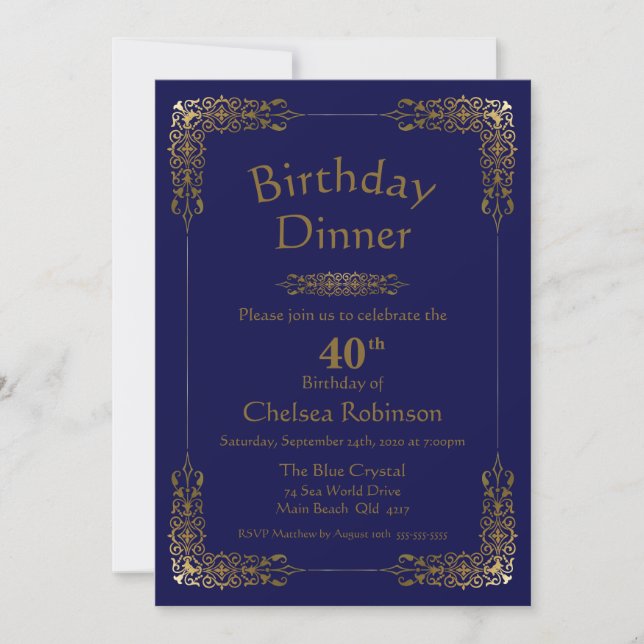 Elegant Blue Gold Lace 40th Birthday Dinner Invite (Front)