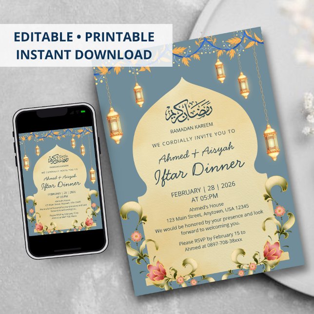 Elegant Blue Gold Lanterns & Floral Arch Iftar Invitation (Creator Uploaded)