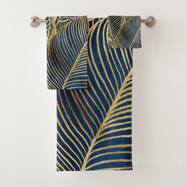 Elegant Blue Gold Leaf Design Bath Towel Set (Insitu)