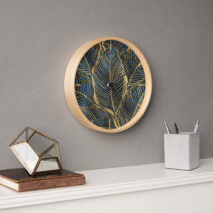 Elegant Blue Gold Leaf Design Clock