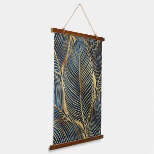 Elegant Blue Gold Leaf Design Hanging Tapestry