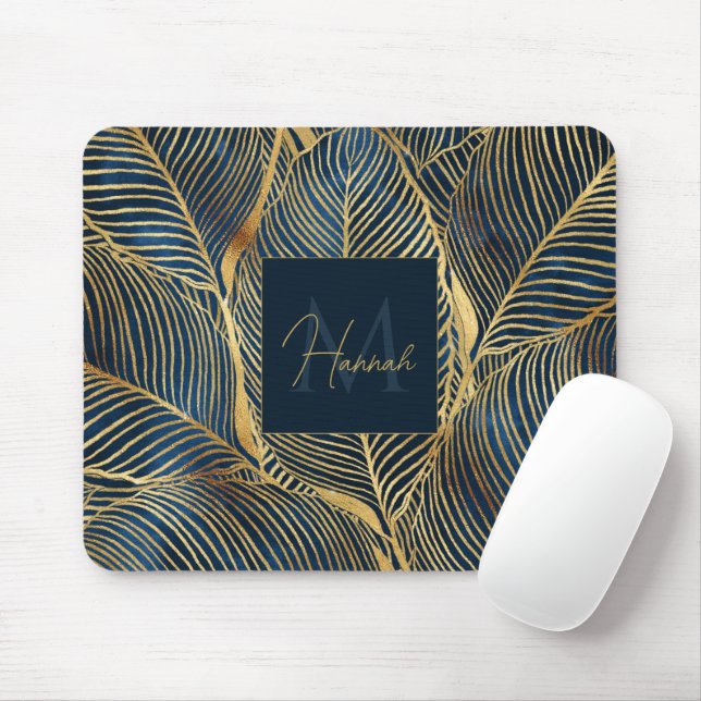 Elegant Blue Gold Leaf Design Mouse Pad (With Mouse)