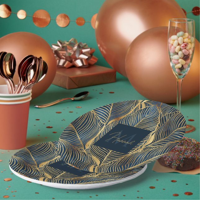 Elegant Blue Gold Leaf Design Paper Plate (Multi)