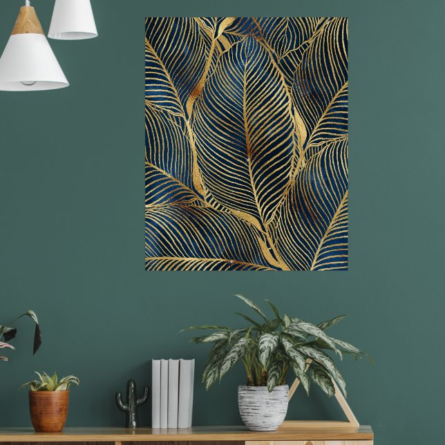 Elegant Blue Gold Leaf Design Poster (Living Room 1)