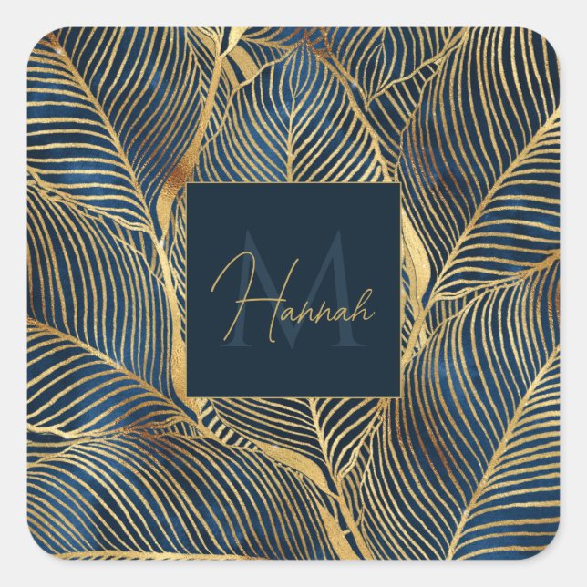 Elegant Blue Gold Leaf Design Square Sticker (Front)