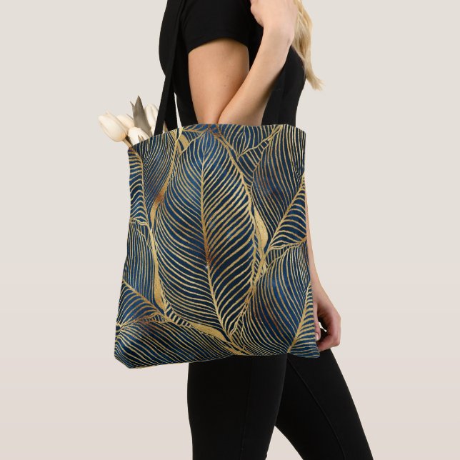 Elegant Blue Gold Leaf Design Tote Bag (Close Up)