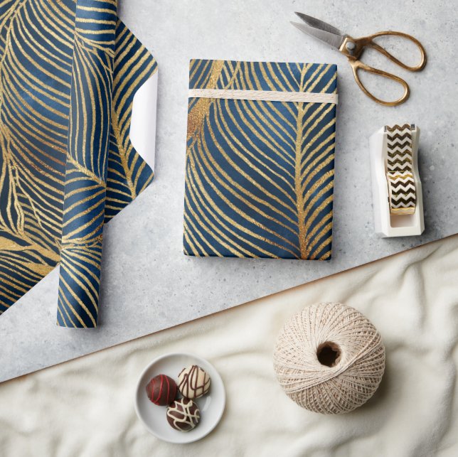 Elegant Blue Gold Leaf Design Wrapping Paper (Crafts)