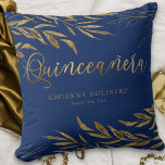 Elegant Blue Gold Leaf Personalized Quinceanera Throw Pillow<br><div class="desc">Blue and Gold Quinceanera pillow which you can customize with the Quinceañera's name, as well as her birthday or event date, if you wish. The design is royal blue and gold with fine line drawn leaves and solid gold leaf foliage. Please browse my Gold Leaf Quinceanera collection or message me...</div>