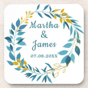 Elegant Blue Gold Leaf Personalized Wedding Coaster