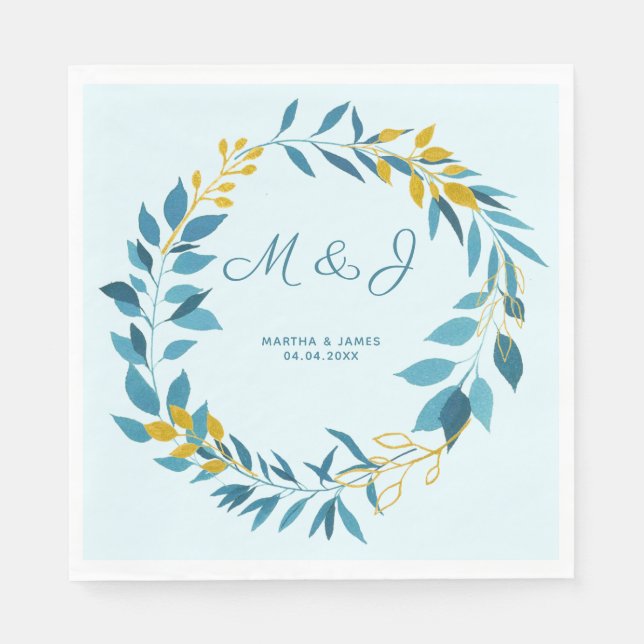Elegant Blue Gold Leaf Personalized Wedding Napkin (Front)