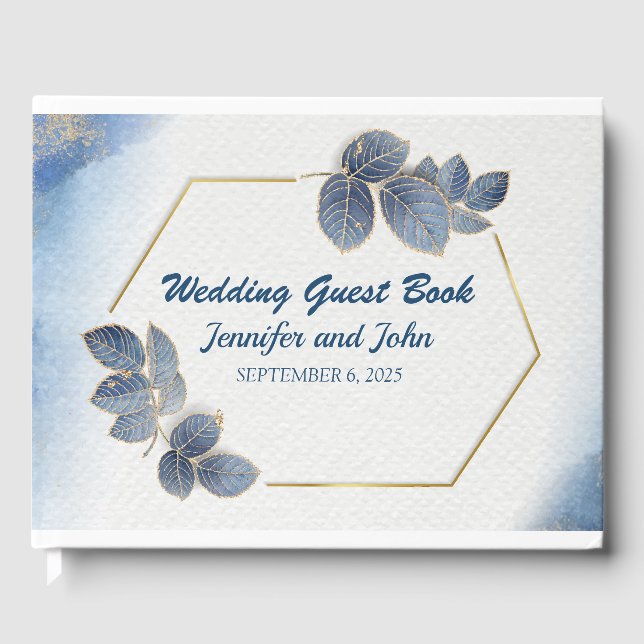 Elegant Blue Gold Leaves Botanical Wedding Guest Book (Front)
