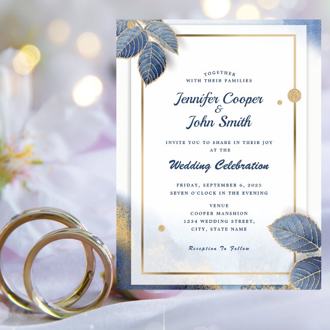 Elegant Blue Gold Leaves Botanical Wedding Invitation (Creator Uploaded)