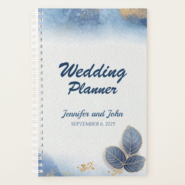 Elegant Blue Gold Leaves Botanical Wedding Planner (Front)