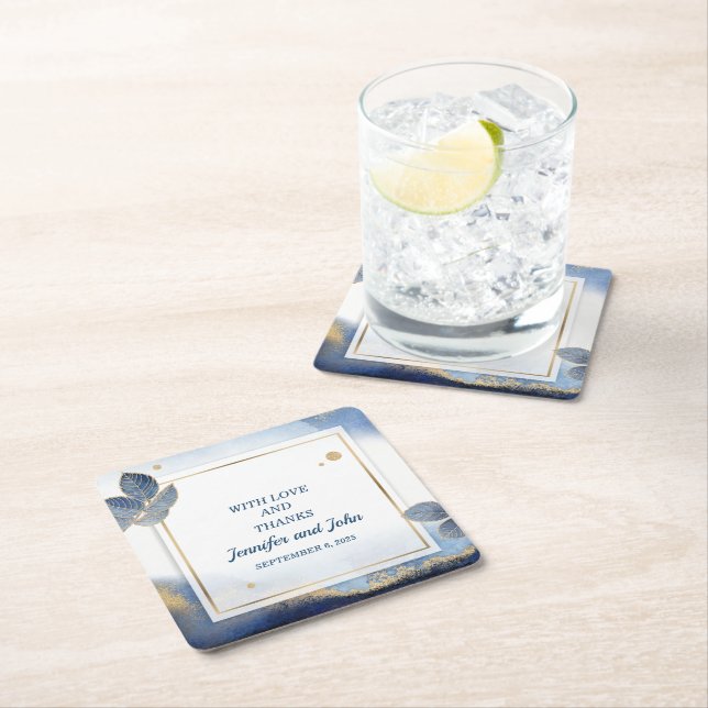 Elegant Blue Gold Leaves Botanical Wedding Square Paper Coaster (Insitu)