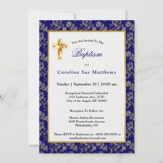 Elegant Blue Gold Lion Floral Baptism Invitation (Front)