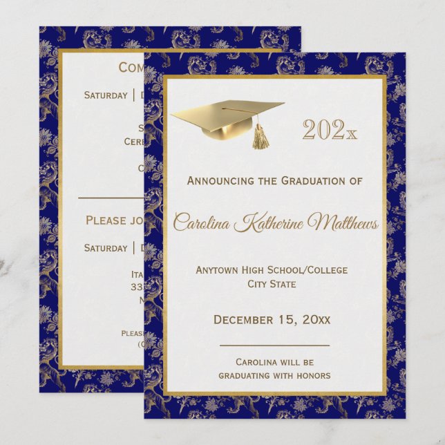 Elegant Blue Gold Lion Floral Graduation Announcement (Front/Back)