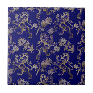 Elegant Blue Gold Lion Floral  Tile
