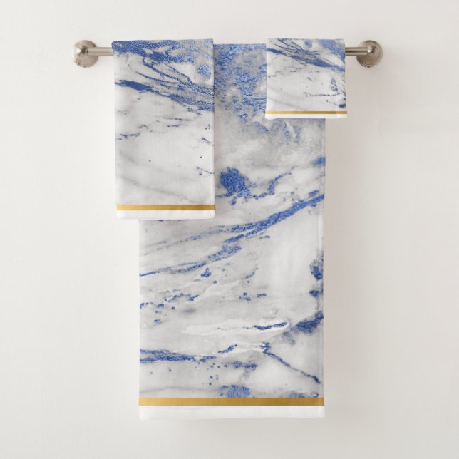 ELEGANT BLUE GOLD MARBLE BATHROOM TOWEL SET (Insitu)