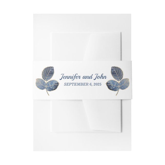 Elegant Blue Gold Marble Botanical Wedding Invitation Belly Band (Front Example)