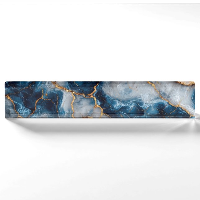 Elegant Blue & Gold Marble Desk Nameplate  (Front)