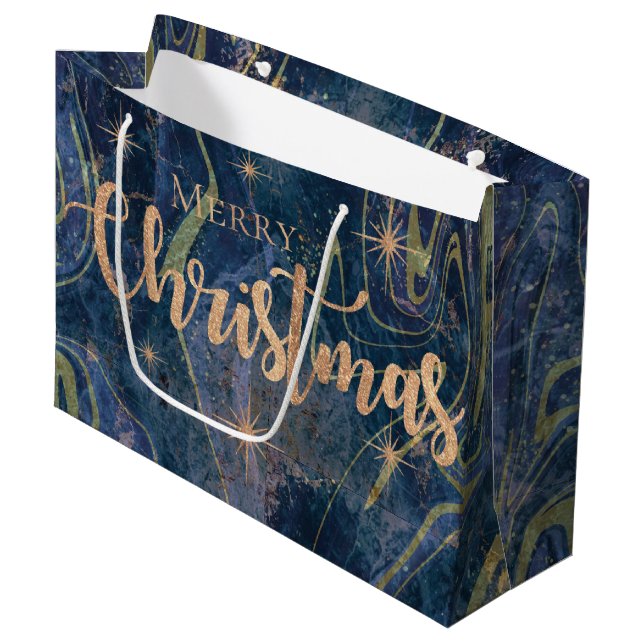 Elegant Blue Gold Marble Effect Merry Christmas Large Gift Bag (Front Angled)