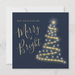 Elegant Blue Gold Merry and Bright Non Photo Holi Holiday Card