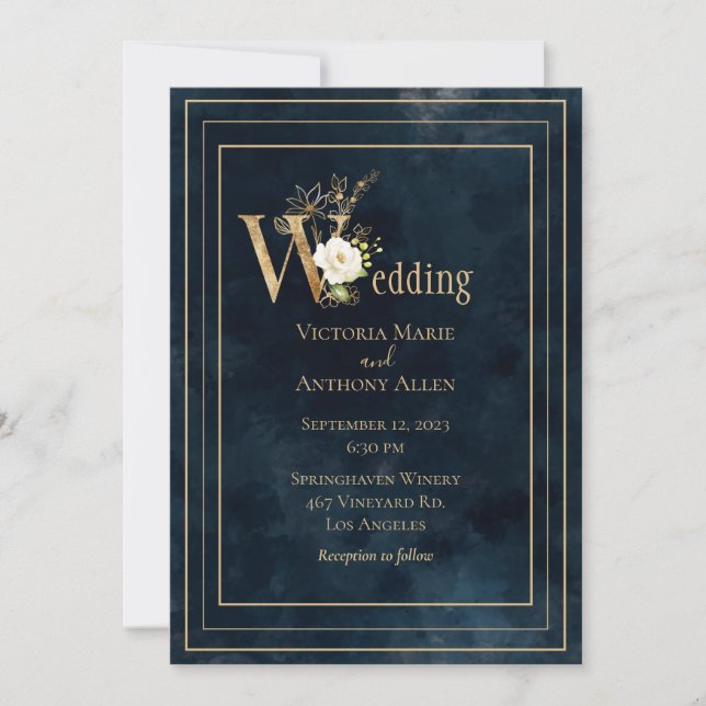 Elegant Blue Gold Modern Minimalistic Wedding Invitation (Front)