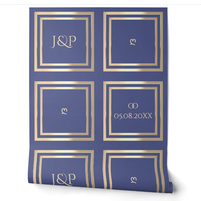 Elegant blue gold monogram backdrop wedding wallpaper (Unrolling)
