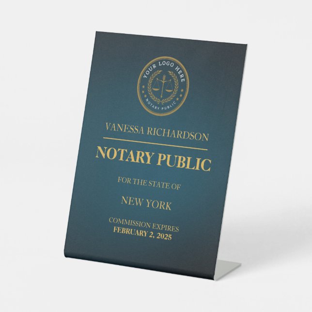 Elegant Blue Gold Notary Public Logo Professional Pedestal Sign (Front)