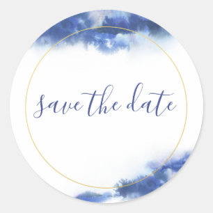 Elegant Blue & Gold Ombre Marble Save the Date Classic Round Sticker