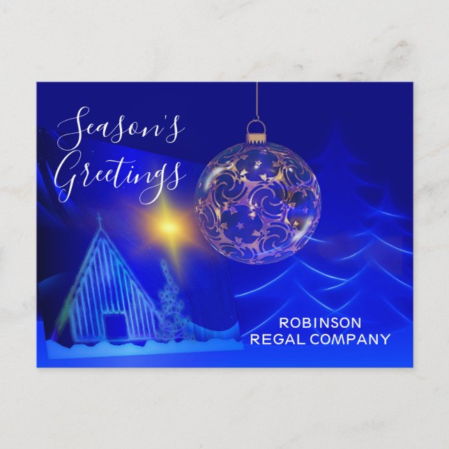 Elegant Blue Gold Ornament Business holiday Postcard (Front)