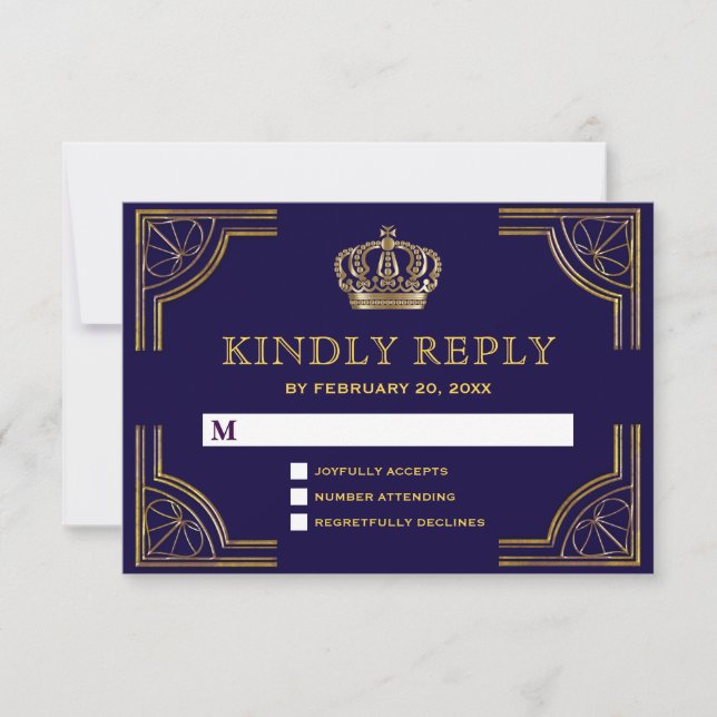 Elégant Blue Gold Ornate Crown RSVP (Devant)