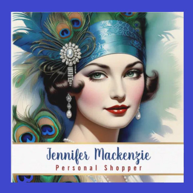 Elegant Blue Gold Peacock Woman Square Business Card (Creator Uploaded)